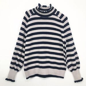 Rebecca Taylor Navy Blue Cream Stripe Merino Wool Ruffle Pullover Sweater